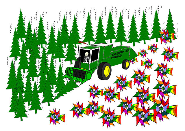 Bürgerinitiativen gegen den Bau von Windkraftanlagen formieren sich, auch beispielsweise gegen den im Pfälzerwald, wie diese Protestgrafik zeigt. Foto: Wikimedia-Commons.