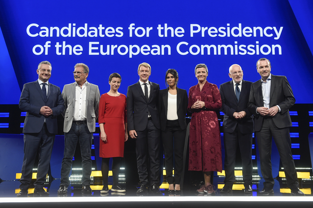 Im Mai 2019 nahmen die Spitzenkandidat*innen Manfred Weber (EVP), Frans Timmermans (SPE), Ska Keller (Grüne), Margrethe Vestager (ALDE), Nico Cué (EL) und Jan Zahradil (ACRE) an einer Live-Debatte der Eurovision im Parlament in Brüssel teil. Foto: Jan Van de Vel, © European Union 2019 – Quelle: EP, EP-089092G.