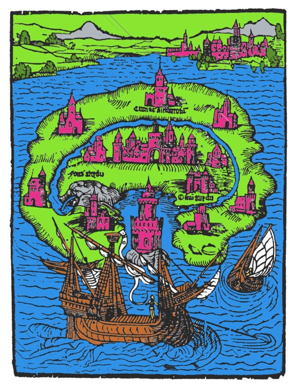 Titelholzschnitt aus Thomas Morus' Roman Utopoia. Foto: Wikimedia Commons Titelholzschnitt aus Thomas Morus Roman Utopia Wikimedia Commons